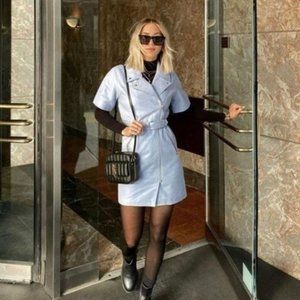 LINI Blue Margeaux Belted Asymmetric Full-Zip Leather Mini Dress NWT
